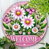 Vintage Pink Butterfly Daisy Aluminum Wall Sign Rustproof Round Metal Art for Home Porch Entryway Decor