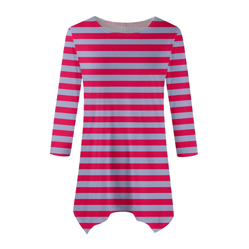 Women's Fashion Casual Round Neck Striped Printed Seven-point Sleeve Shirt Belted Loose Comfortable Top