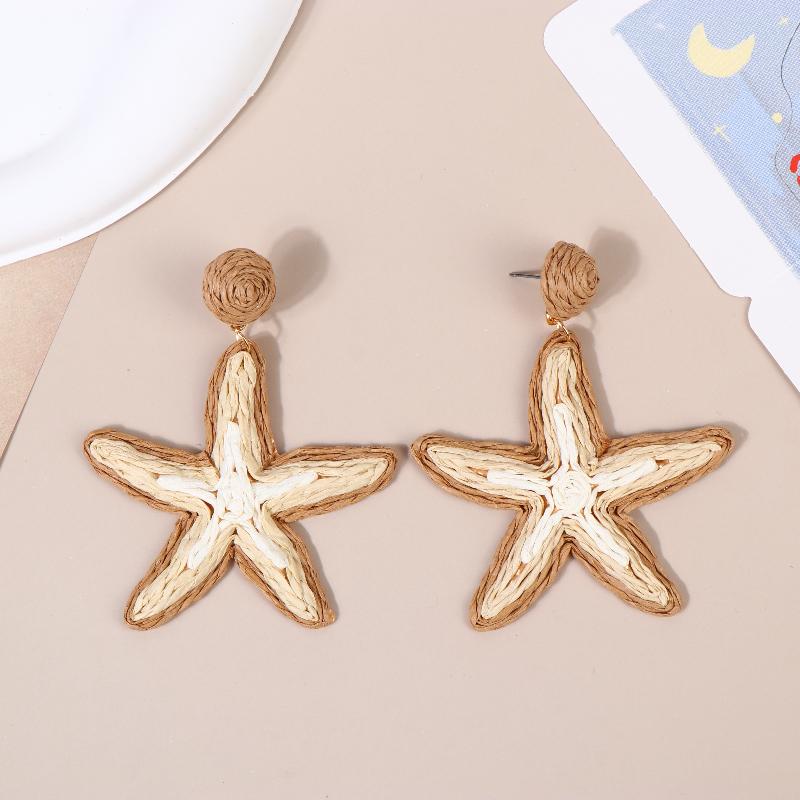 Exaggerated Handmade Retro Rattan Raffia Geometric Earrings Ethnic Style Summer Beach Women'S Tassel Earring