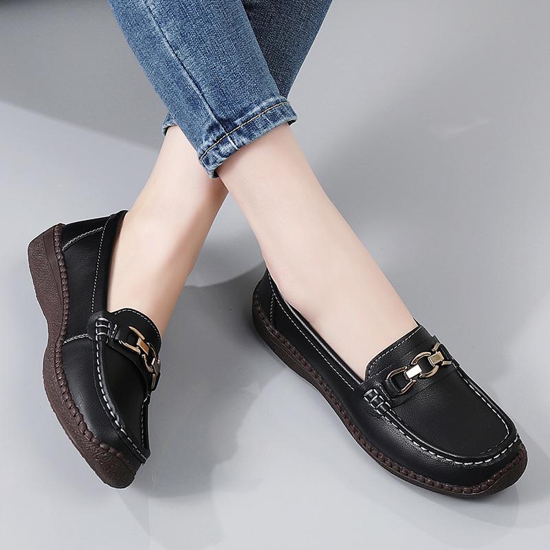 Women Simple Red Loafers Leather Driving Moccasins Comfort Flats Black Casual Slip on Plus Size Black Shoes