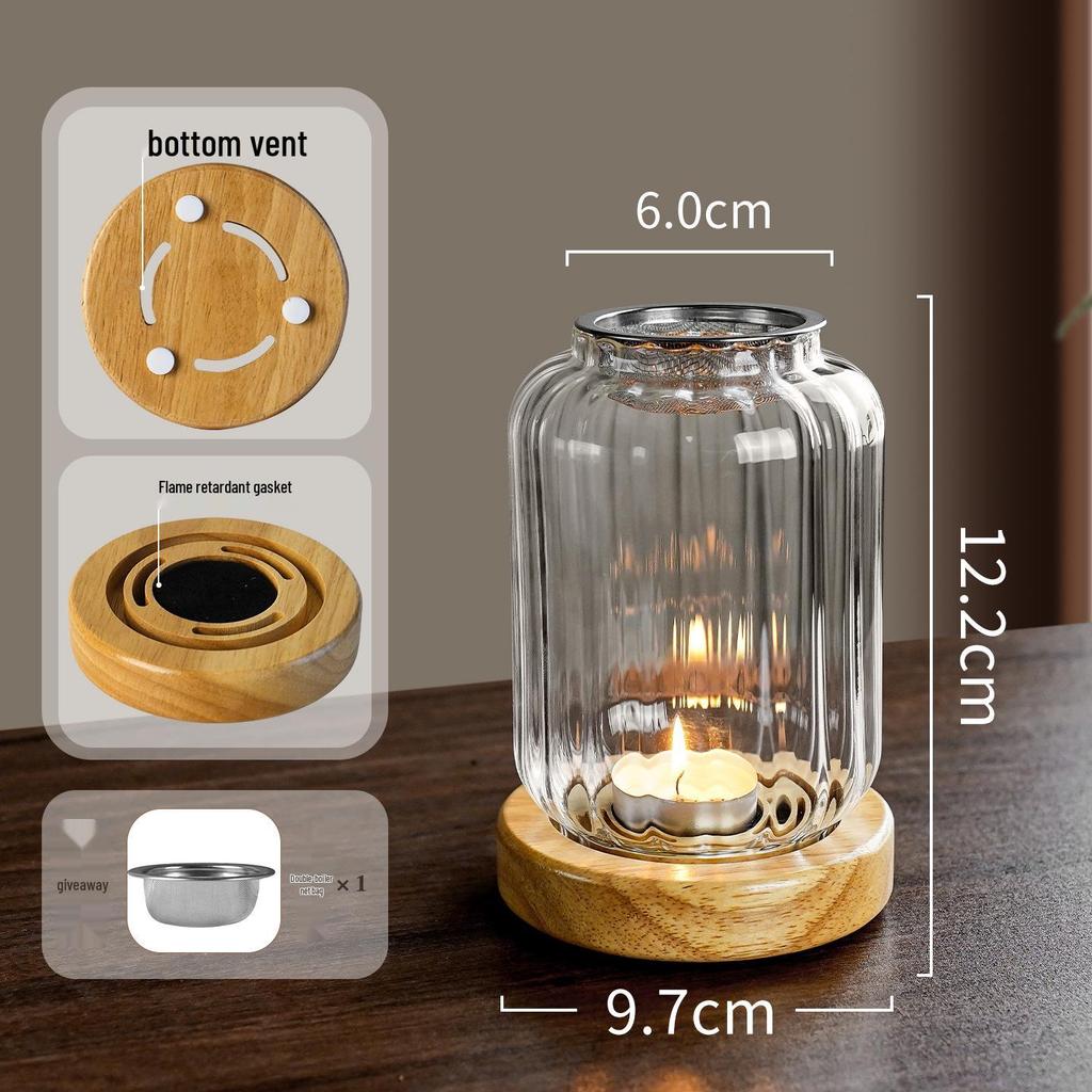 Solid Wood Glass Atmosphere Lamp & Candle Holder with High Transparency Incense Burner for Wax