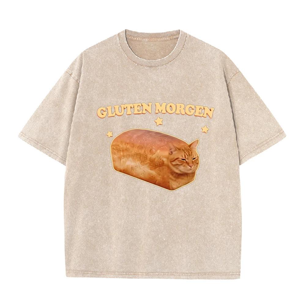 2026 Funny Bread Cat Gluten Morgen Graphic T Shirt Men Women Vintage Washed Black Unisex Casual Tee