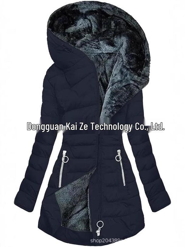 Mid-Length Slimming Hooded Jacket - Women's Thickened Cotton with Velvet Lining