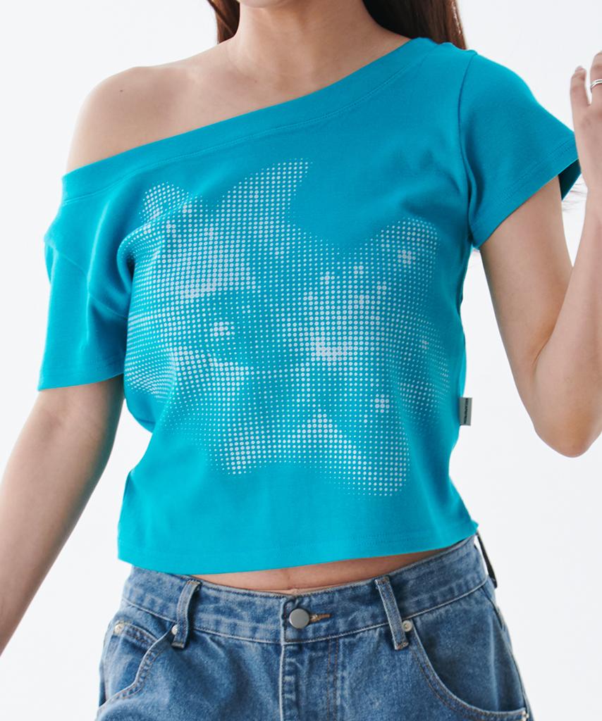 ESCAPEFROM [Escf X Hot Today] Halftone Lily Boat Neck Slim Fit Short Sleeve T-Shirt Teal Blue