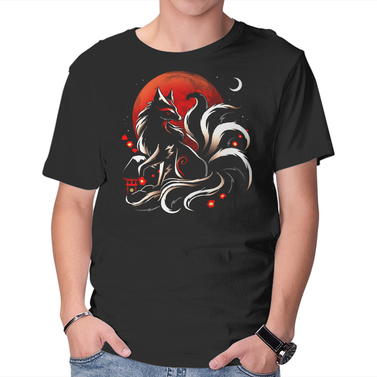 Unisex Crew Neck T-Shirt Kitsune Yokai Graphic Short Sleeve Casual Tee S