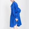 Johnature Fashion Streetwear Blue Pleated Loose Irregular Dresses Women Autumn O-neck Solid Color Dress