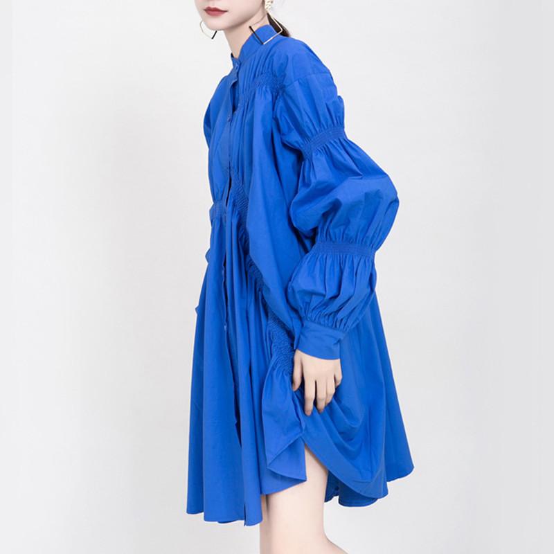 Johnature Fashion Streetwear Blue Pleated Loose Irregular Dresses Women Autumn O-neck Solid Color Dress