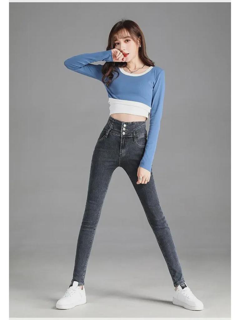 Damen High Waist Slimming Skinny Jeans mit Drei Knöpfen, Elastische Passform, Herbst & Winter Neun-Punkt-Stil