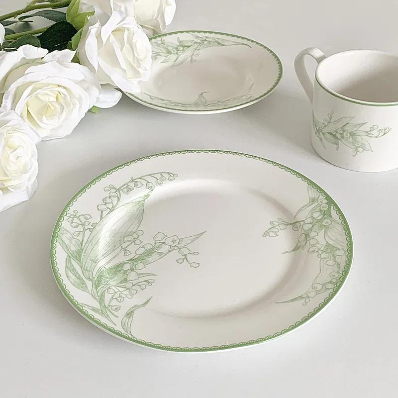 

Керамические тарелки 8 дюймов Обеденные тарелки Суповая миска Завтрак Цветочный узор Фарфоровая посуда для дома Салатница Блюдо для стейка Кухонная посуда 8 inch disc зелёный