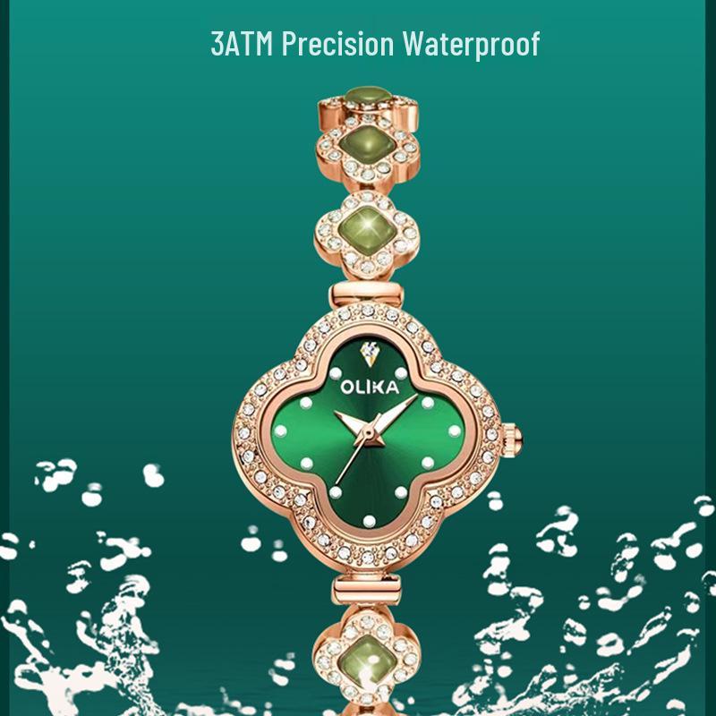 Four-Leaf Clover Women's Luminous Chalcedony Bracelet Watch - Fashionable, Waterproof, High-End Quartz Design.