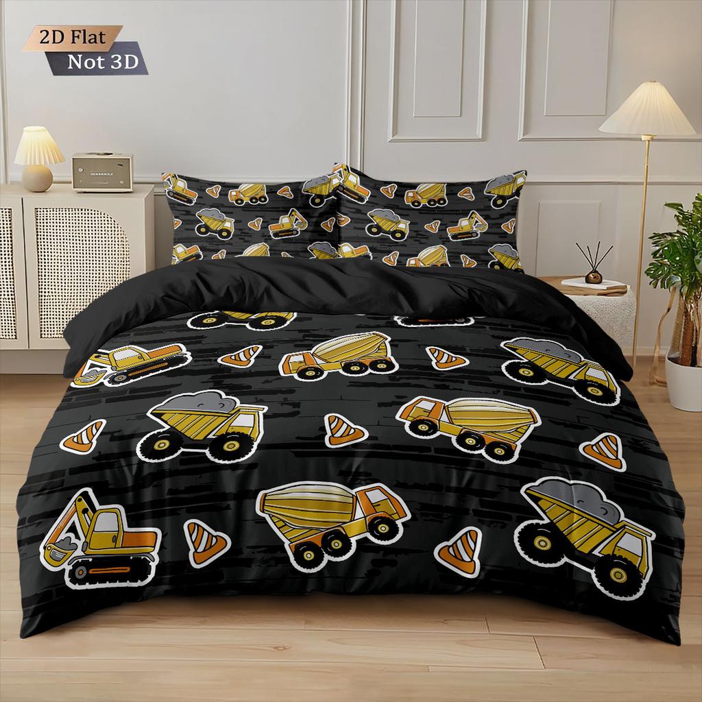 3-teiliges Cartoon-Spielzeug-Bagger-Aufdruck-Daunendeckenbezug-Set, Mehrgrößen-Schlafzimmer-Bettwäsche-Dekoration, Maschinenwaschbar