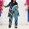 Women Plus Size Round Neck Long Sleeve Printed Layered Top And Long Pants Two Piece Set