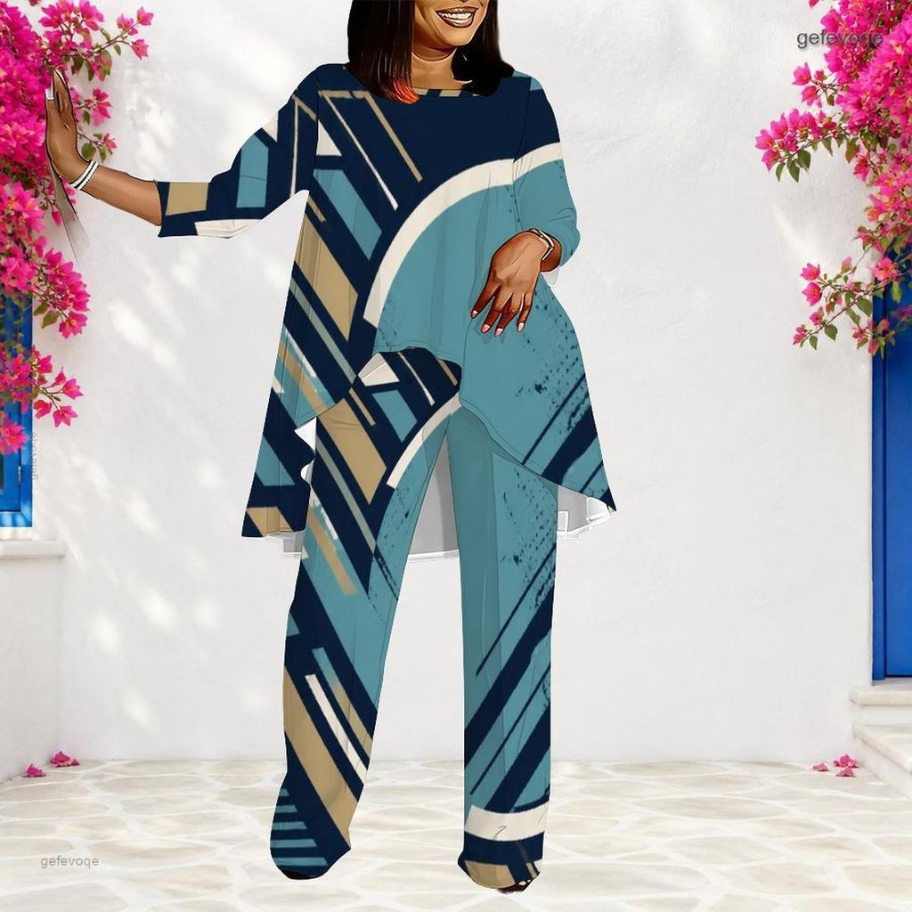 Women Plus Size Round Neck Long Sleeve Printed Layered Top And Long Pants Two Piece Set
