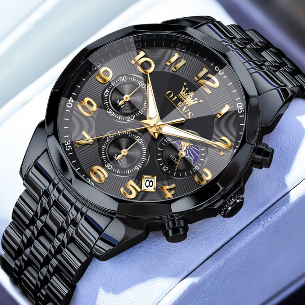 OLEVS Luxury Business Gold Stainless Steel Men's Watch Luxury Calendar Chronograph Moon Phase Quartz Watch Men's Clock