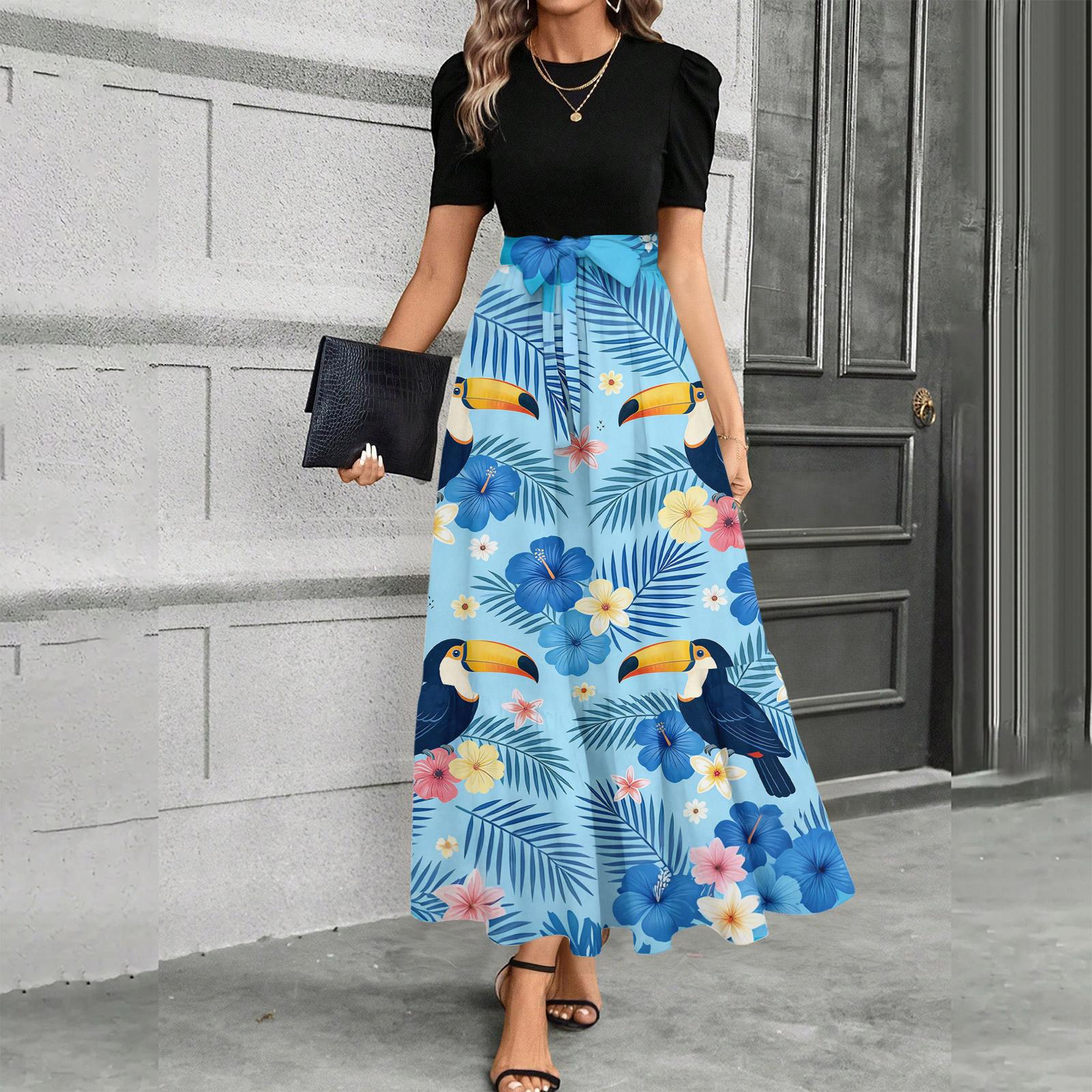 

Женское платье с коротким рукавом, повседневное, свободное, А-силуэта, миди, футболка-платье с карманами, круглый вырез, для отдыха, в стиле бохо, пляжный сарафан S синий