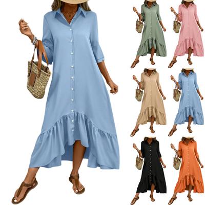 Women's Fall 3/4 Sleeve Maxi Dress V Neck Hollow Out Eyelet A Line Long Casual Party Dresses