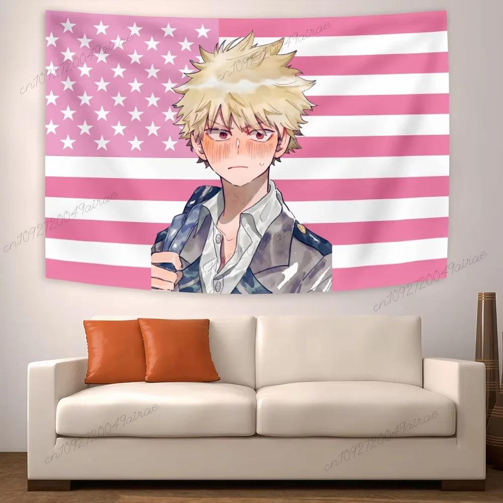 My Hero Academia Bakugo Tapestry Pink American Flag Print Anime Character Wall Hanging for Bedroom Dorm Room