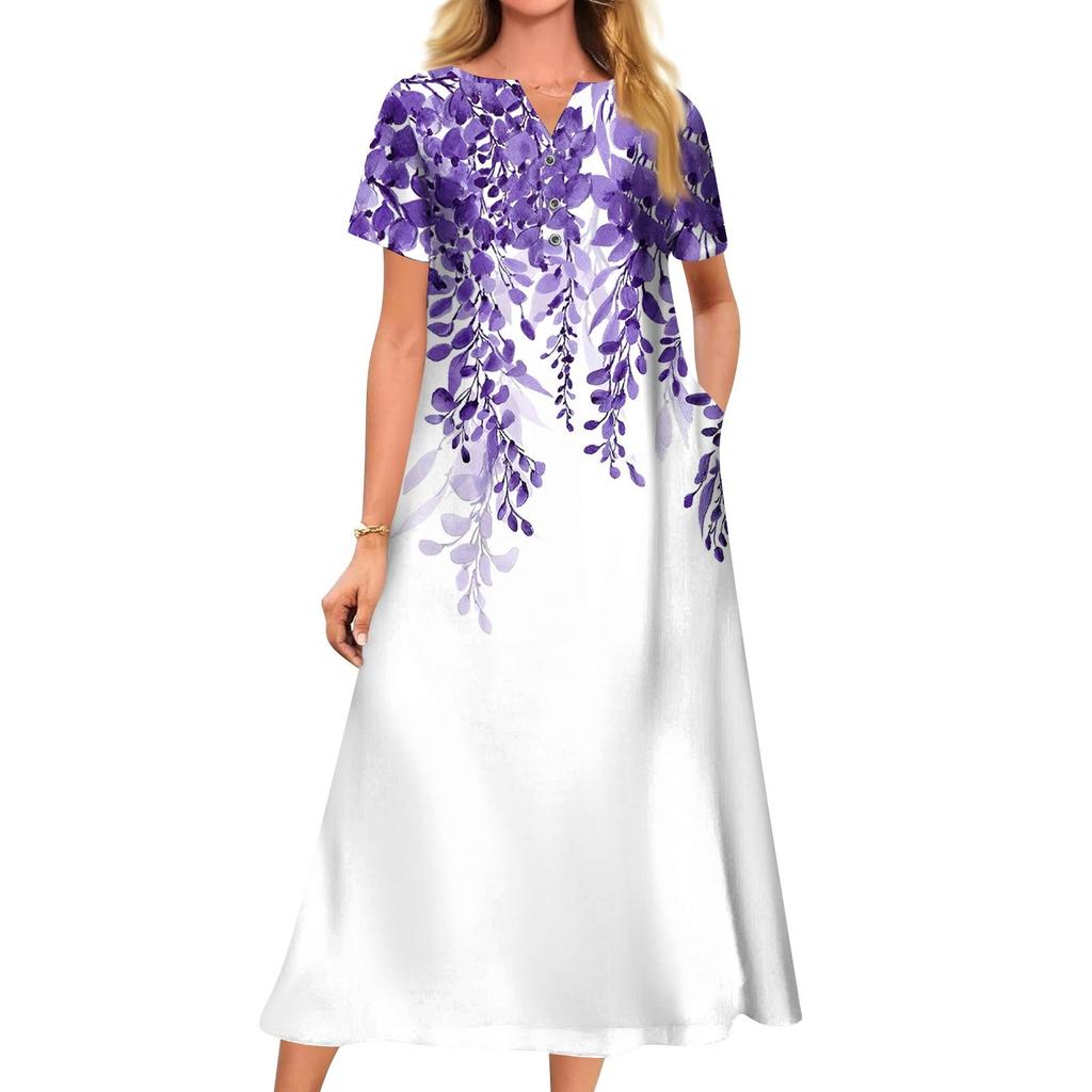 Women's Summer Casual Printed V-Neck Short-Sleeve Swing Dress