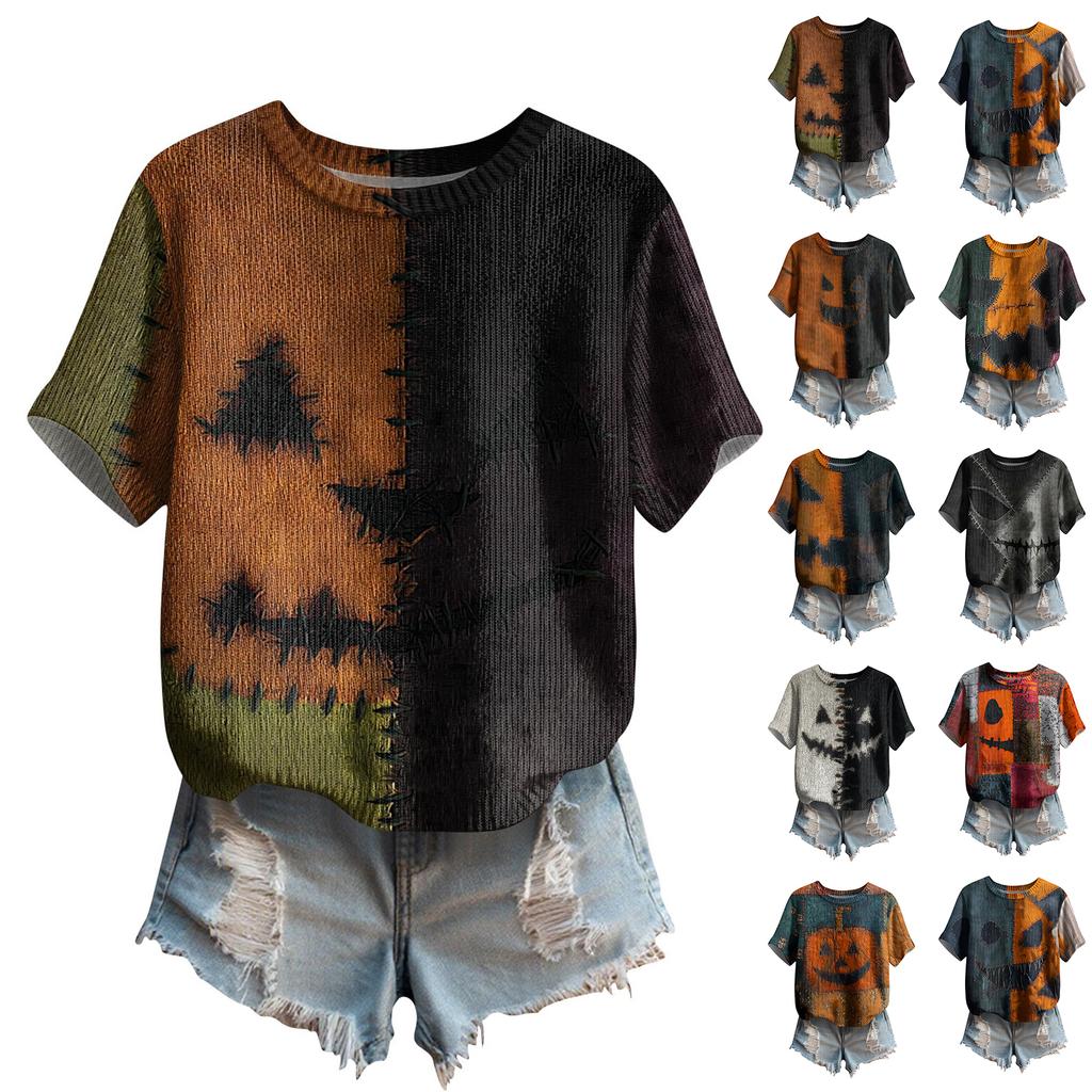 Women's Cute Sweater Knitted Fashion Casual Round-neck Short-sleeved  Cozy Print Top