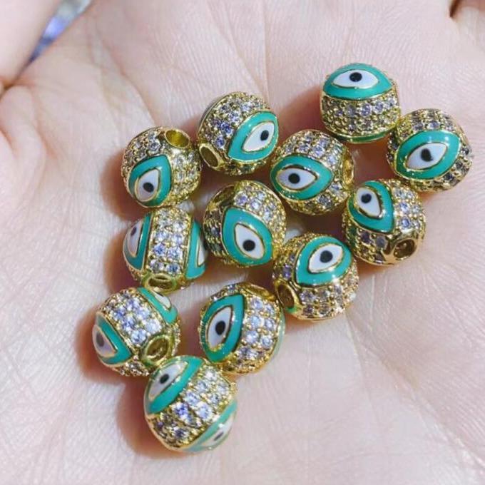 10mm Micro-Paved Round Evil Eye Beads, 14K Gold-Filled Copper with Zircon Epoxy