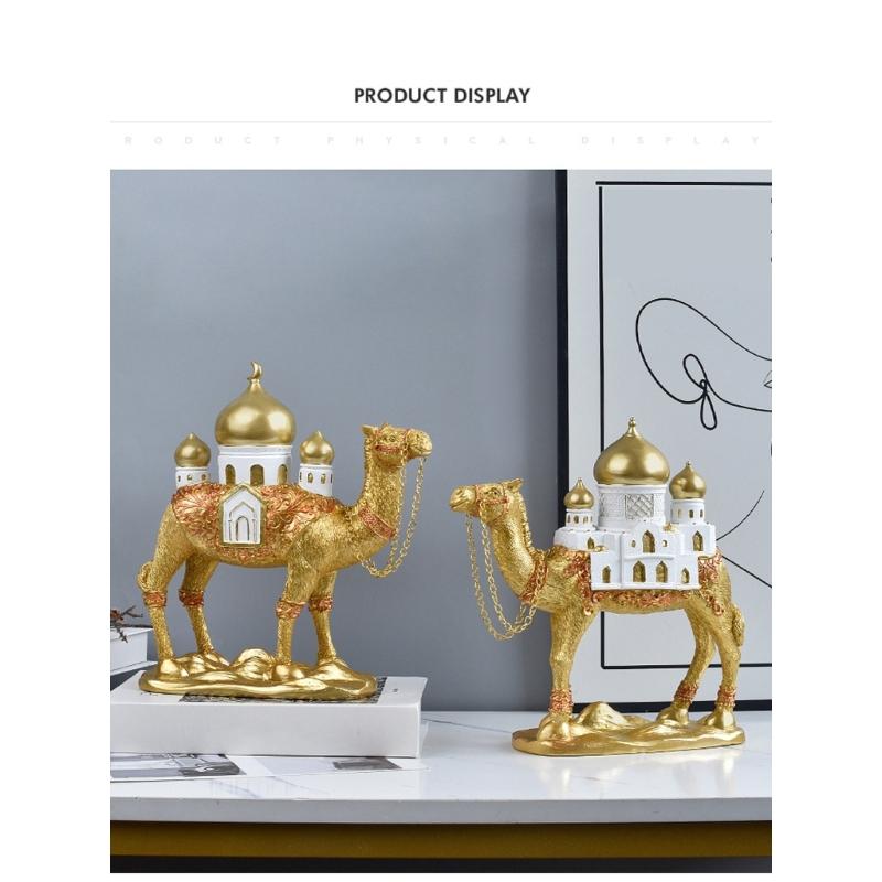 Camels Figurine with Mosque Tower Resin Camels Statue Ornament for Ramadans Eid Mubarak Home Decors Collectibles Gift