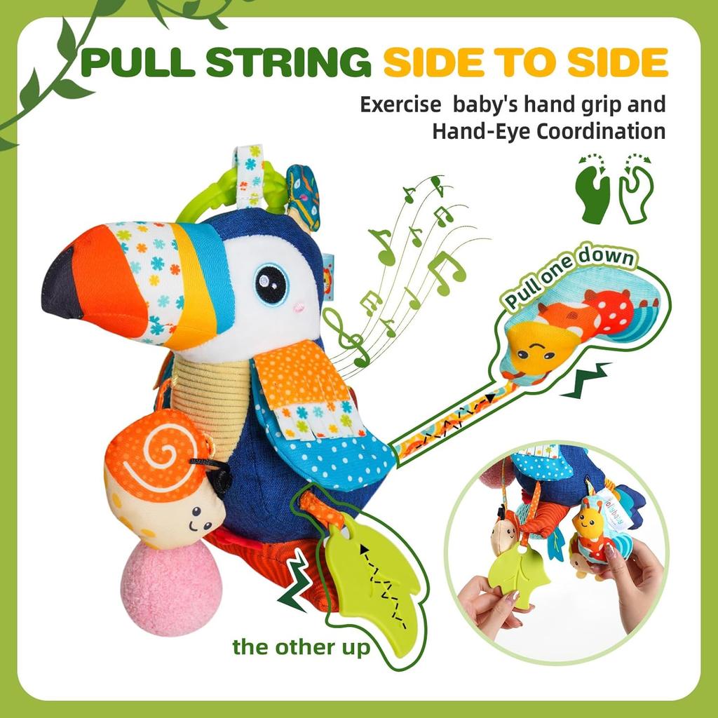 Jollybaby Musical Activity Pull String Hanging Toy for Baby Stroller Car Seat Crib Play Gym, Plush Stuffed Toucan Toy for Carseat with Music Teether