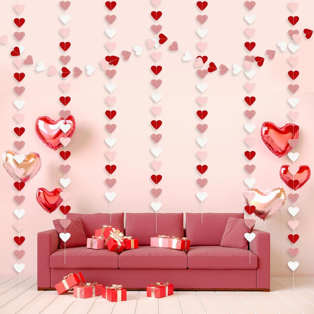 Valentines Decorations Red Pink White Rose Gold Glitter Heart Garland Strings - 8 Packs Paper Heart Garland Banner for Valentine's Day Mothers Day
