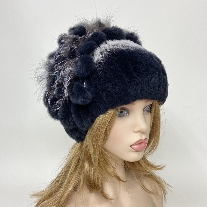 New Luxury Women Fur Hat For Winter Handmade Natural Rex Rabbit Fox Fur Cap Fluffy Female Fur Headgear Brand Warm Beanies Cap