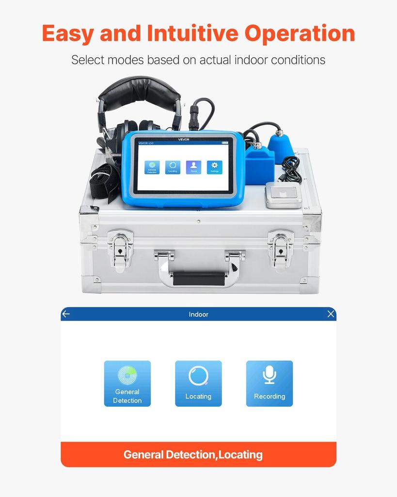 Rohrwasserleckdetektor für Innenräume, 1Hz-10000Hz, LCD-Touchscreen Leckortungsgerät für Sanitärinstallationen mit horizontalen und vertikalen Sensoren,