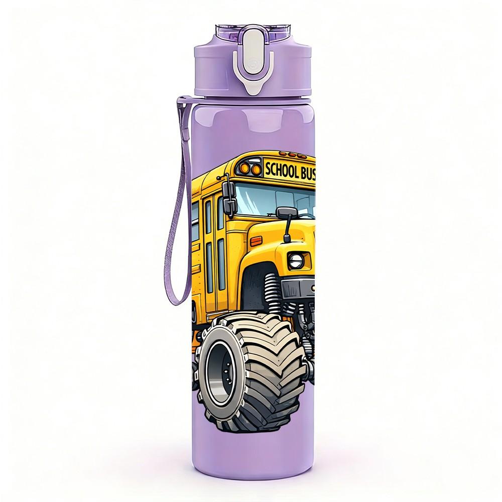 1PC Yellow Monster Truck School Bus Vehicle 750ml Color Plastic Sports Water Bottle Leakproof Flip Straw Lid Suitable for Sports Office Home Use