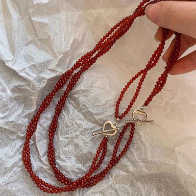 Red Beaded Double-Layer Ot Buckle Love Necklace Female French Retro Personality Fashion Simple Versatile Neck Chain Sweater Chain