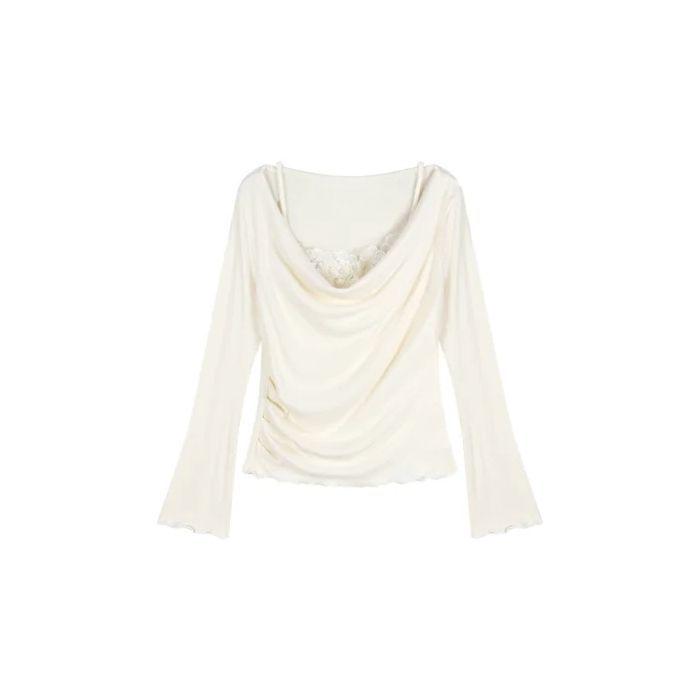 

2024 Приталенная цветочная майка с длинными рукавами - Элегантный, стильный лоскутный дизайн для осени/зимы XL грязно-белый