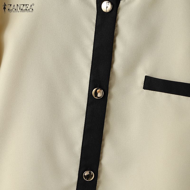 ZANZEA Women Casual Round Neck Splice Long Sleeve Blouse