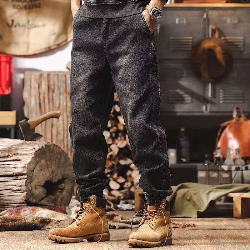 New Black Jeans Men's Trendy Brand Loose Large Size Leggings American Retro Pants Men's Cotton