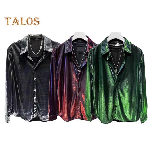 Men Shirt Turn-down Collar Loose Glossy Surface Single-breasted Loose Long Sleeve Top Club Party Casual Formal Wear Shirt