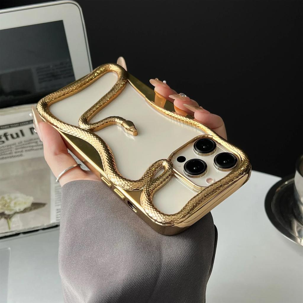 Plating Soft Rubber Frame Hollow Snake Phone Case For iPhone 17 11 12 13 14 15 16Pro Max Lens Protect Irregular Shockproof Cover