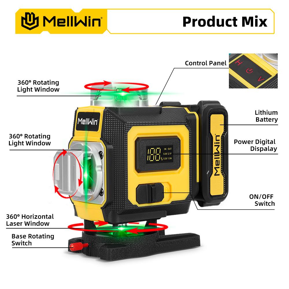 MELLWIN Professional 16 Lines 4D Laser Level with APP Remote Control – 360° Horizontal & Vertical Self-Leveling Green Beam Laser Tool