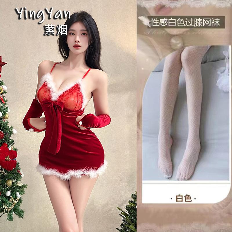 Erotic underwear women's sexy plush suspender nightdress short skirt Christmas dress battle robe passion free uniform suit
