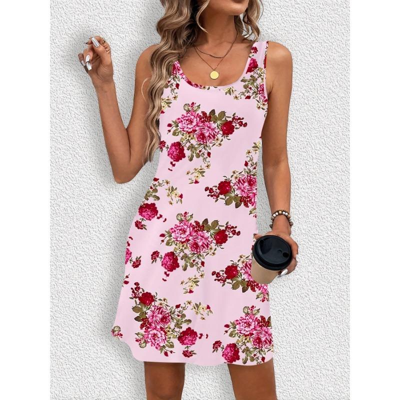 

Women s Sleeveless Floral Dress Elegant All-Season Pencil Dress Pink Roses Green Foliage Pattern Dresses Woman Summer L