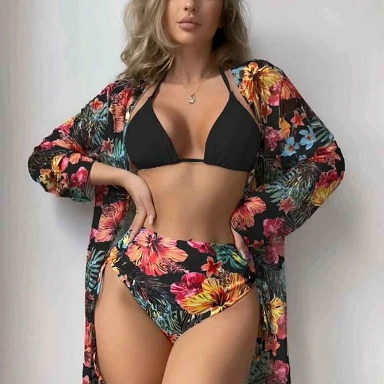 New swimsuit bikini long-sleeved blouse sexy tight-fitting printed split bikini three-piece set
