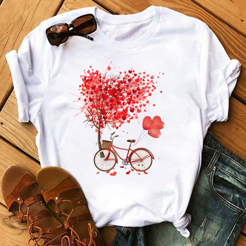 

Fashion Kawaii Rose Flower Heart Graphic Women s T-Shirt Summer Loose Blouse 90S Short Sleeve O-Neck Tees Ladies White Y2K Tops XXXL білий