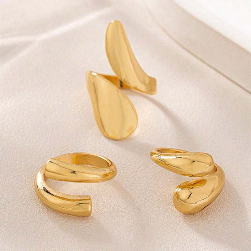 3Pcs/Set Vintage Gold Color Water Drop Rings for Women Fashion Creative Metal Smooth Geometric Adjustable Open Ring Zircon