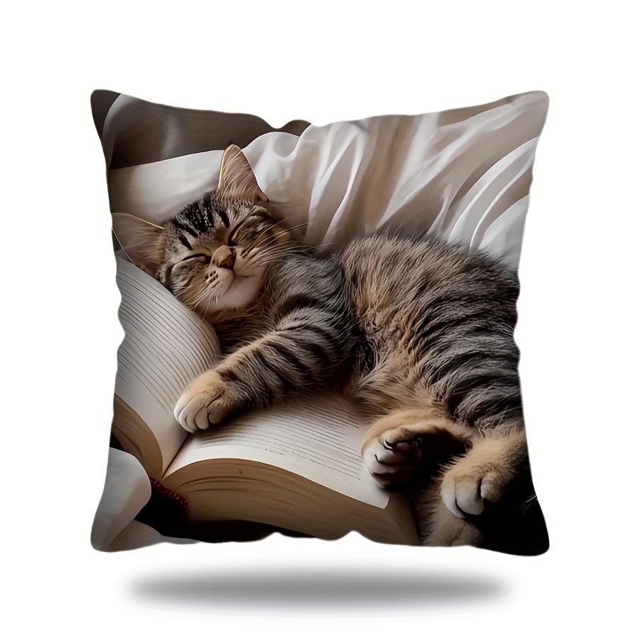 Contemporary Dozing Kitten Square Pillow Cover Cute Cat Sleeping on Open Book Pillowcase Decorative Cushion Case Home Decor