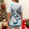 Summer Personalized Fashion Blue Eyed Cute Cat Splashed Ink Print Women's Short Sleeved T-shirt