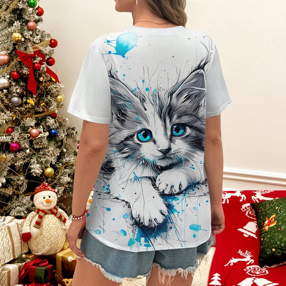 Summer Personalized Fashion Blue Eyed Cute Cat Splashed Ink Print Women's Short Sleeved T-shirt