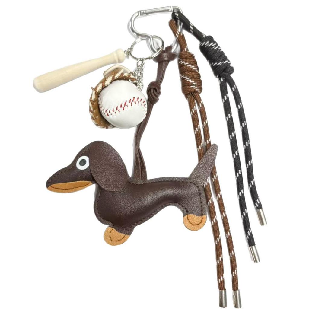 Jinshang Miu Series Dachshund Letter Baseball Keychain - Handmade Leather Schoolbag Pendant with Woven Rope Ornament