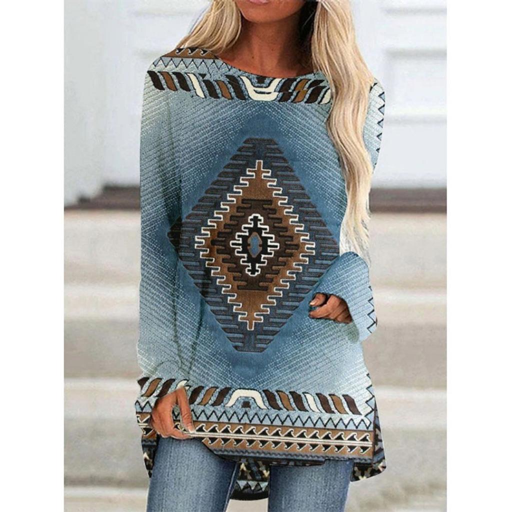 Western Aztec Ethnic 3D Print Langermede T-skjorter Bohemian Women Vintage Fashion T-skjorte Oversized Streetwear T-skjorter for kvinner Topper