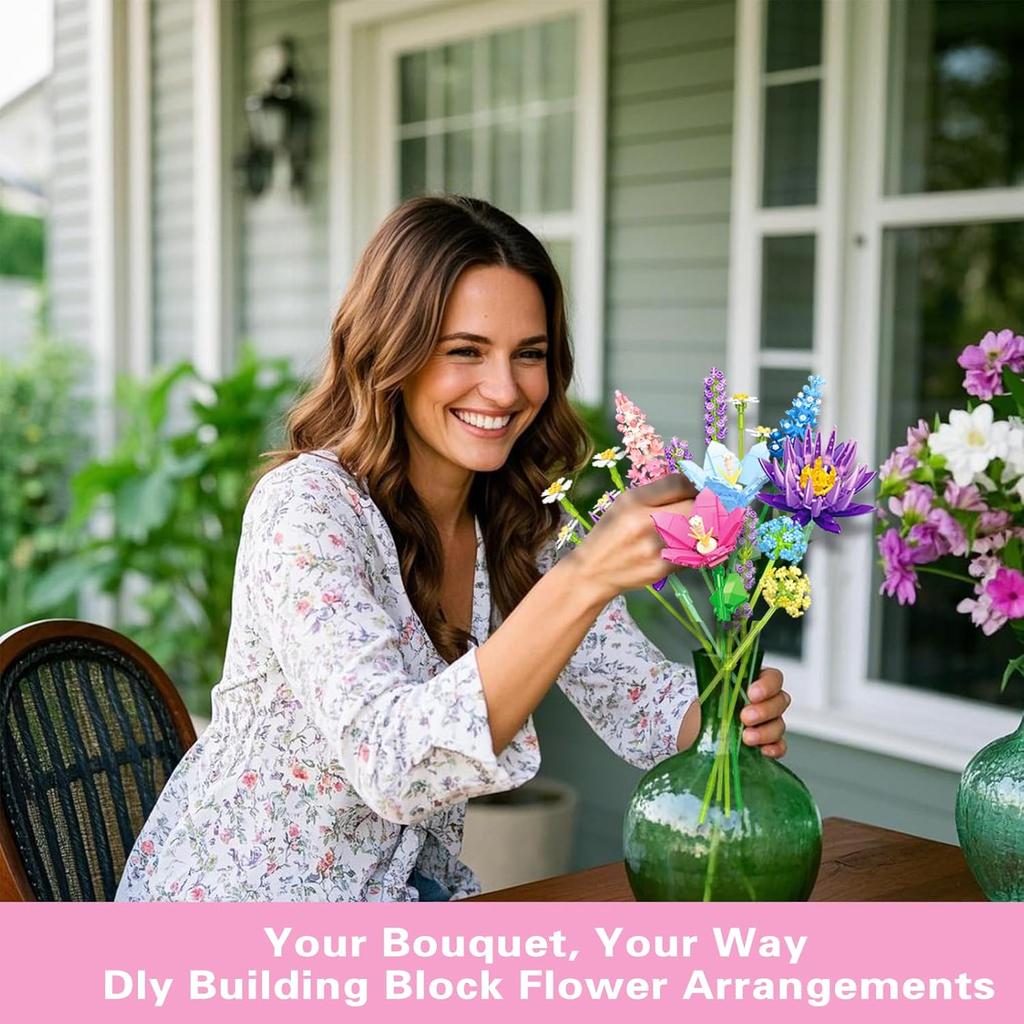 Pink Flower Bouquet Building Sets for Adults Women, Compatible with Botanical Collection, 13 Flowers, Unique Home Decor Gifts for Valentine‘s Day,