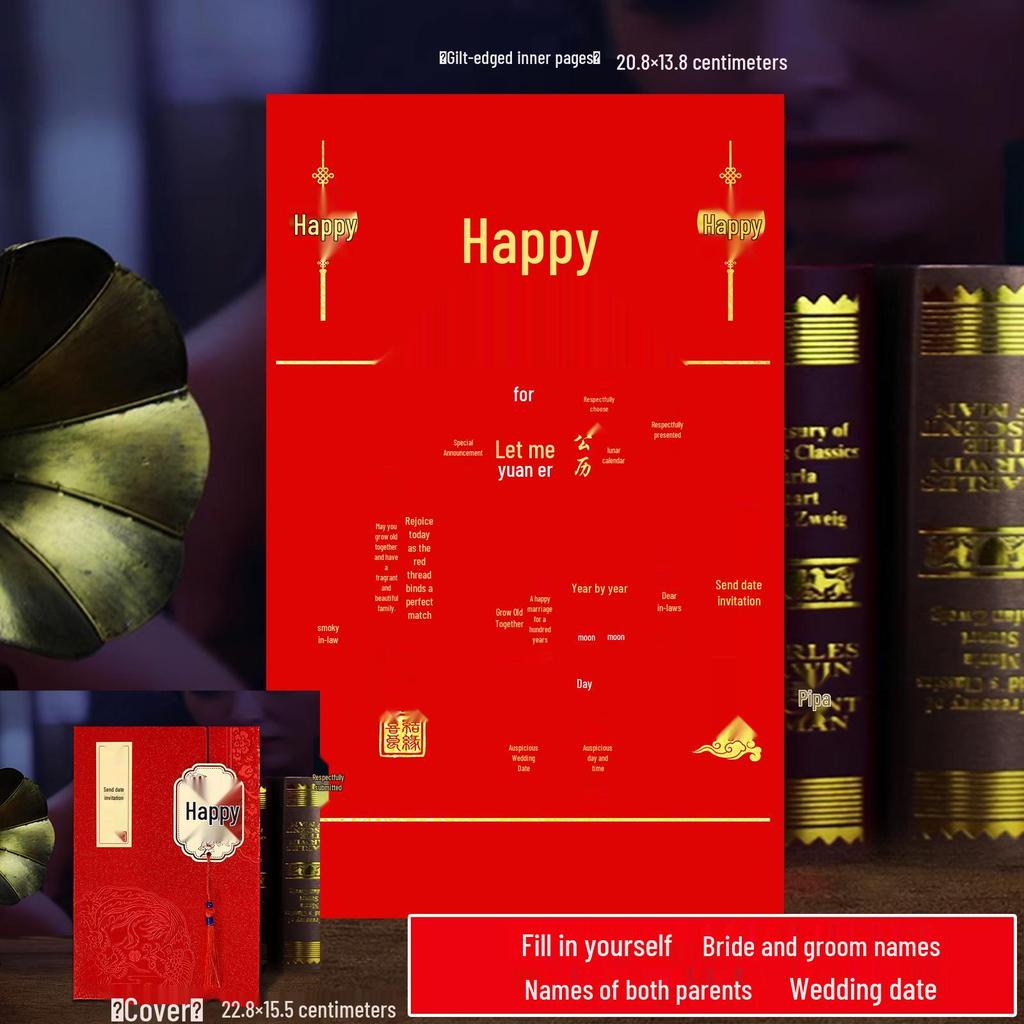 Customized Gold Foil Wedding Save-the-Date Book with Handwritten Traditional Marriage Certificate Stickers for Bride & Groom Engagement.