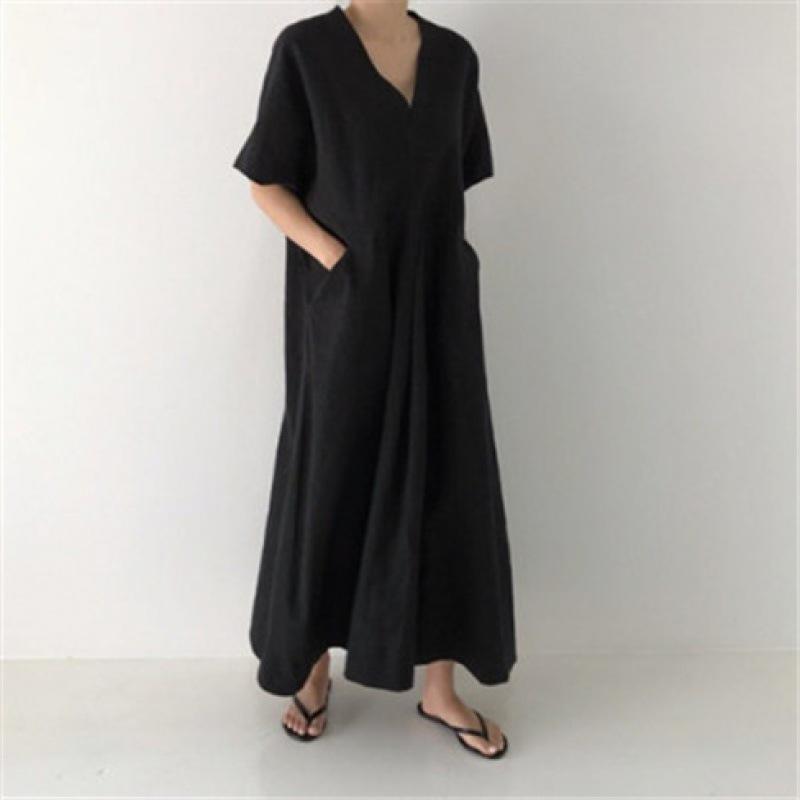 

Летнее свободное ретро-платье с V-образным вырезом для женщин one size чёрный